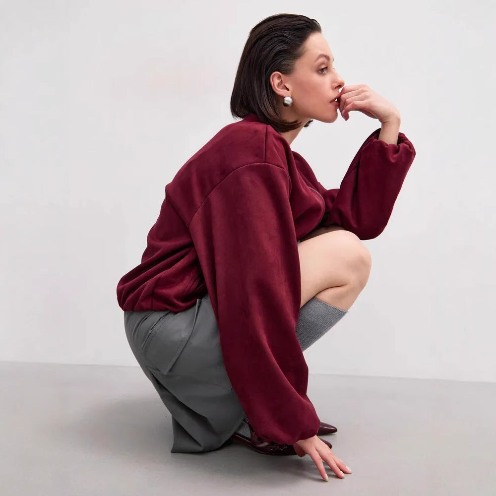 Damen weiche Oversized-Sweatjacke mit modernem Reißverschluss und seitlichen Eingrifftaschen Drune