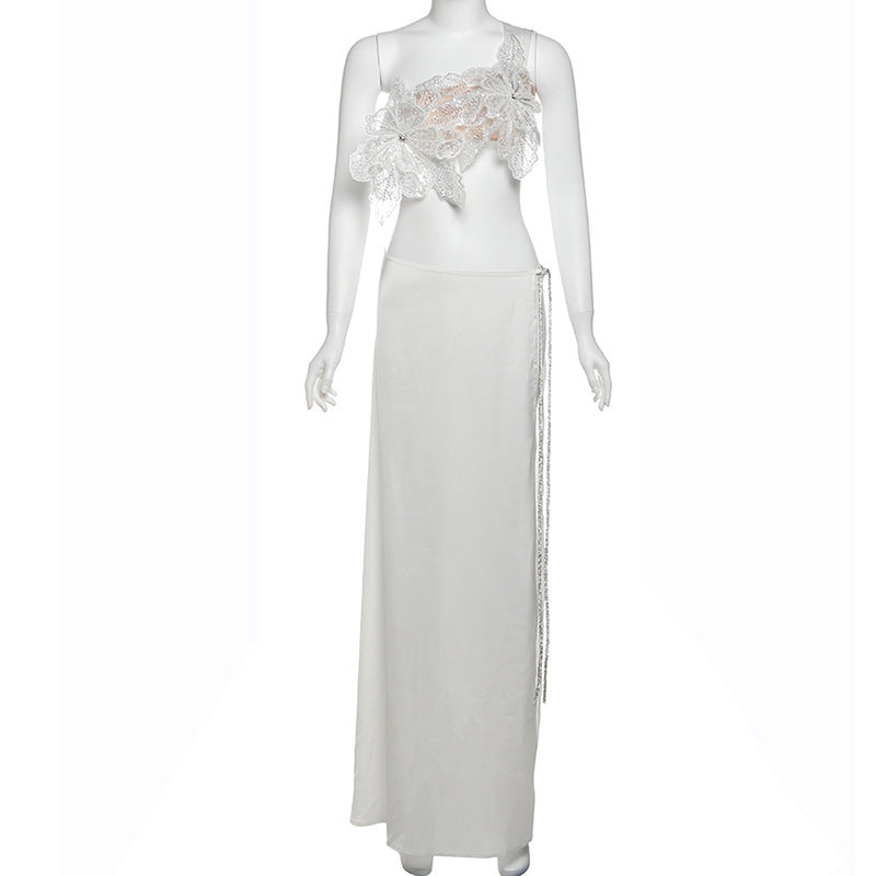 Damen Elegantes Abendkleid mit floralen Applikationen und schwingendem Tüllrock Drune