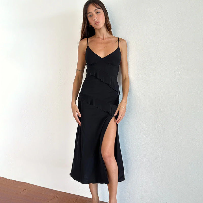 Damen elegantes Wickelkleid mit Rüschen und hohem Schlitz Drune