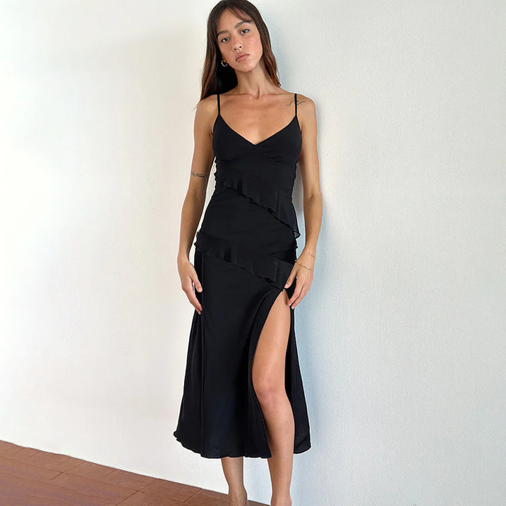 Damen elegantes Wickelkleid mit Rüschen und hohem Schlitz Drune