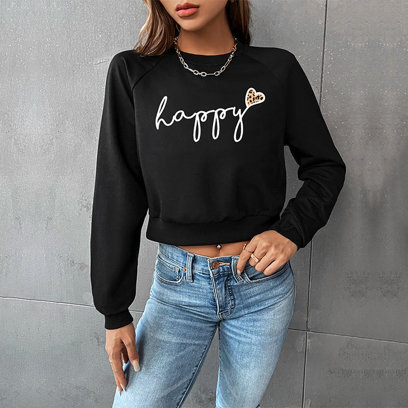Damen Cropped-Sweatshirt mit Script-Print, Herz-Applikation und Raglanärmeln Drune