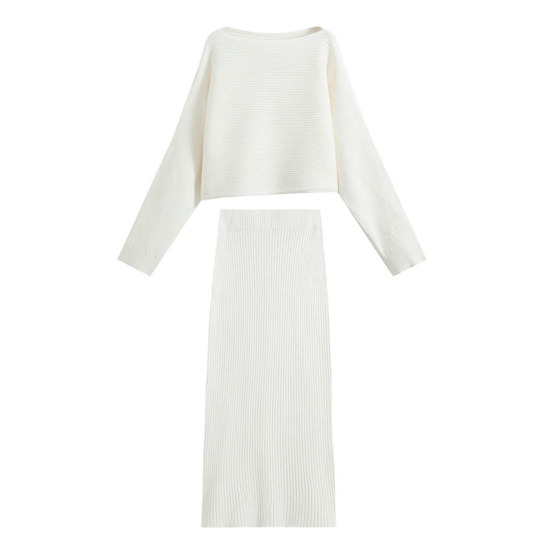 Damen Zweiteiliger gerippter Strick‑Set mit Cropped‑Pullover und Midirock Drune