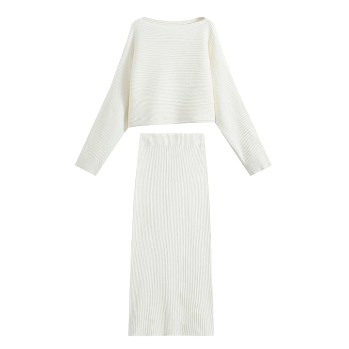 Damen Zweiteiliger gerippter Strick‑Set mit Cropped‑Pullover und Midirock Drune