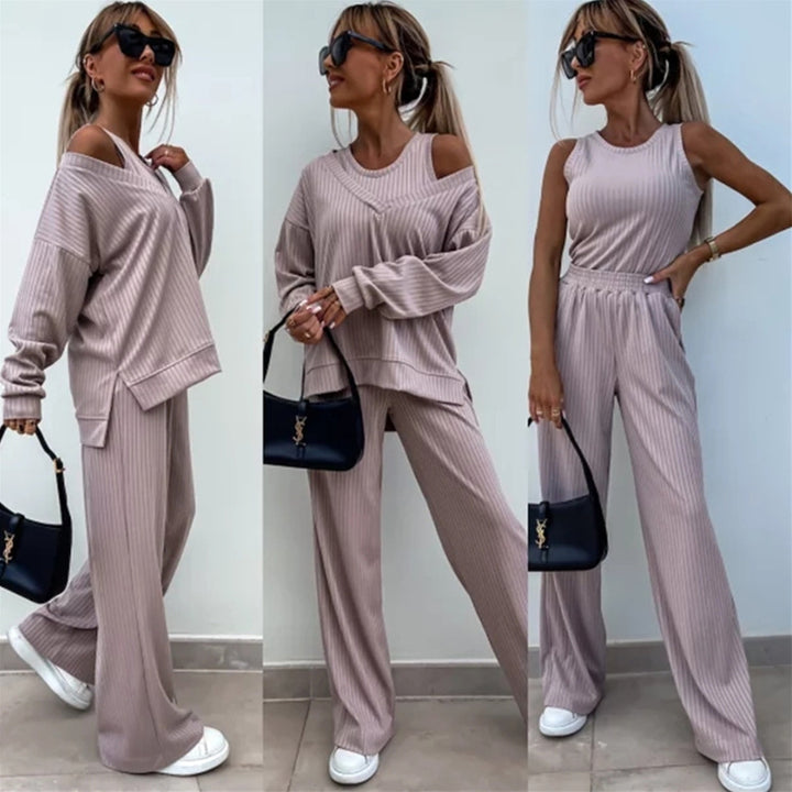 Damen nan elegantes Rippstrick-Zweiteiler Lounge-Set mit einseitigem Schulterfreischnitt und weitem Palazzo-Hosenbein Drune