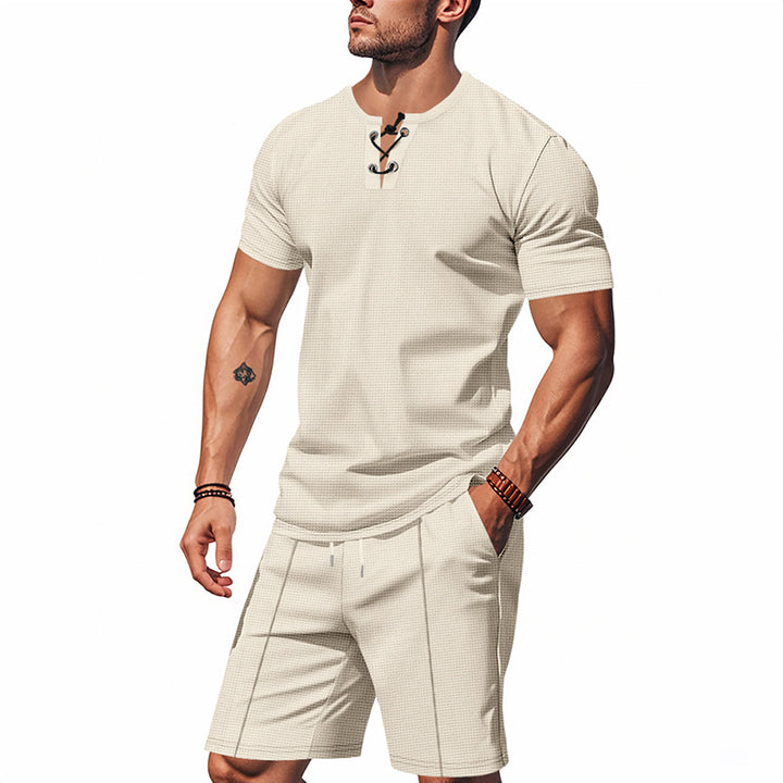 Herren nan kurzärmeliges Schnürkragen-Shirt im Waffeljersey mit Bundfalten-Bermuda Drune