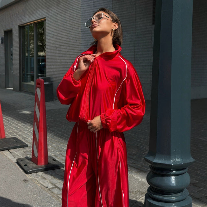 Damen Satin-Trainingsanzug mit Reißverschlussjacke und weiter Gummibund-Hose Drune