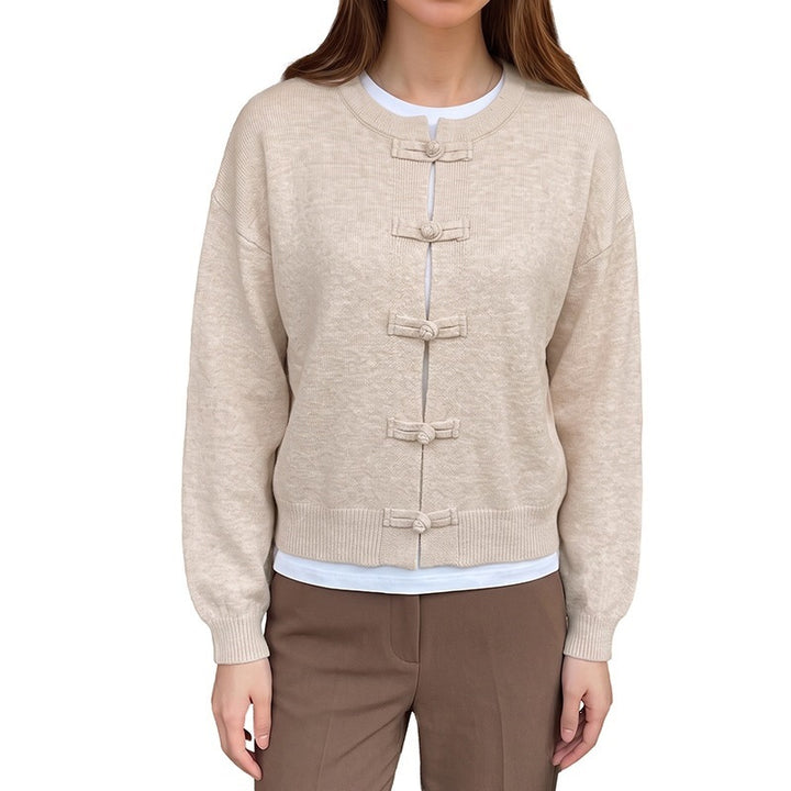 Damen Kurz geschnittener Strickcardigan mit chinesischen Knebelverschlüssen Drune