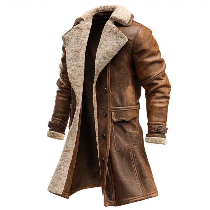 Herren Langer Vintage-Lederimitatmantel mit Teddyfutter und verstellbaren Schnallenmanschetten Drune