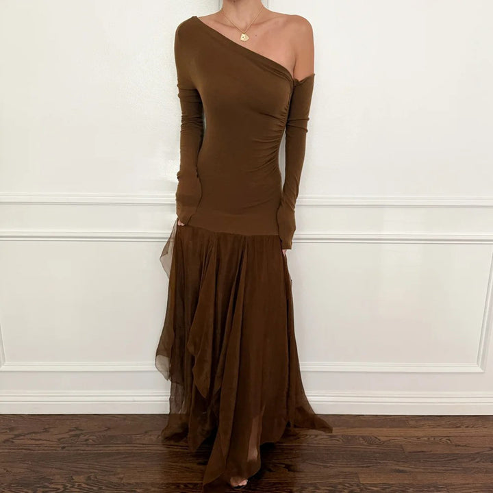 Damen Ein-Schulter-Abendkleid mit taillierter Stretch-Silhouette und mehrlagigem Tüll-Mermaidrock Drune