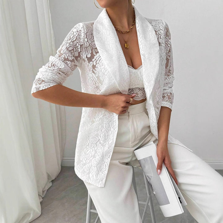 Damen nan Spitzenblazer mit Schalkragen und floraler Transparenz Drune