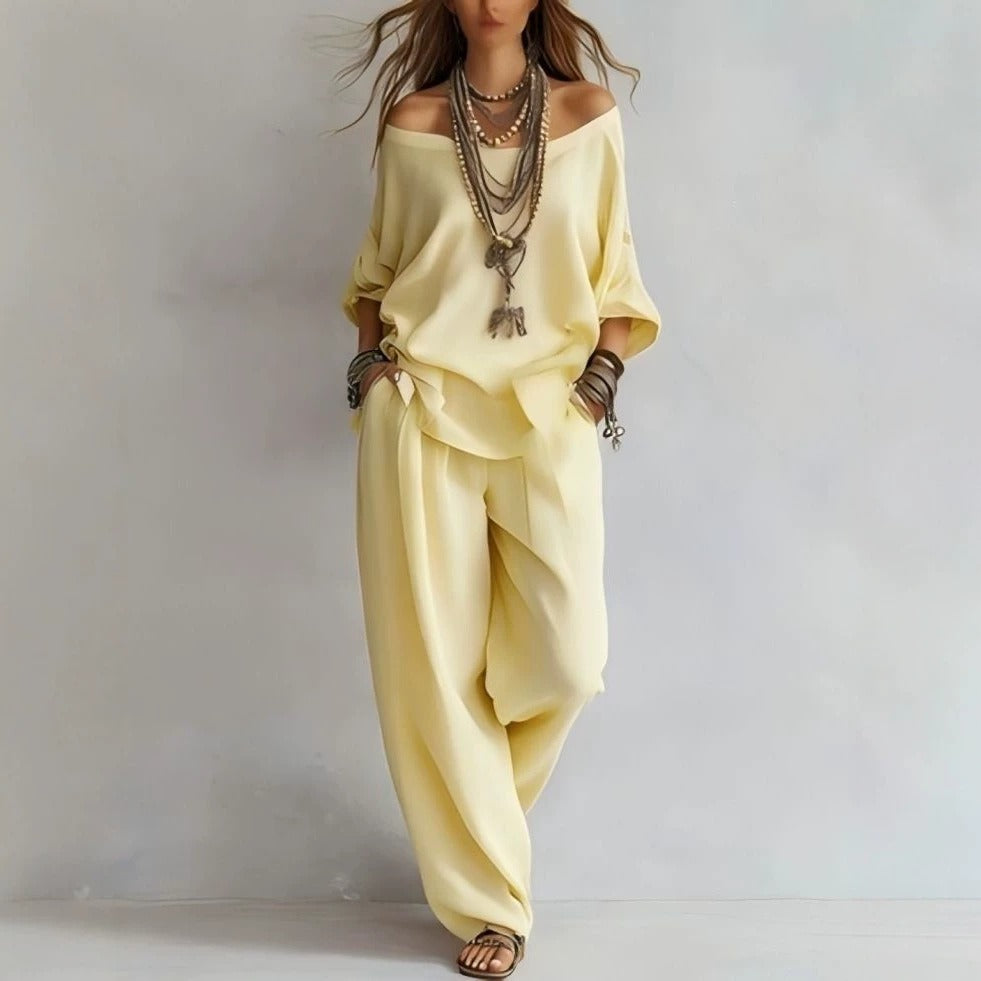 Damen Lässiges Leichtes Lounge-Set mit Carmenausschnitt und Palazzo-Hose Drune