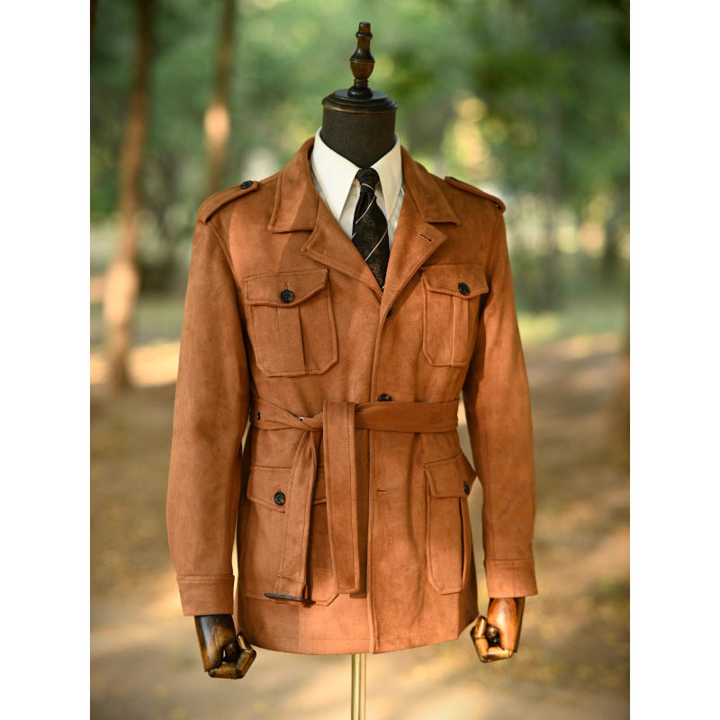Herren Veloursleder-Safari-Jacke mit Taillengürtel und Pattentaschen Drune