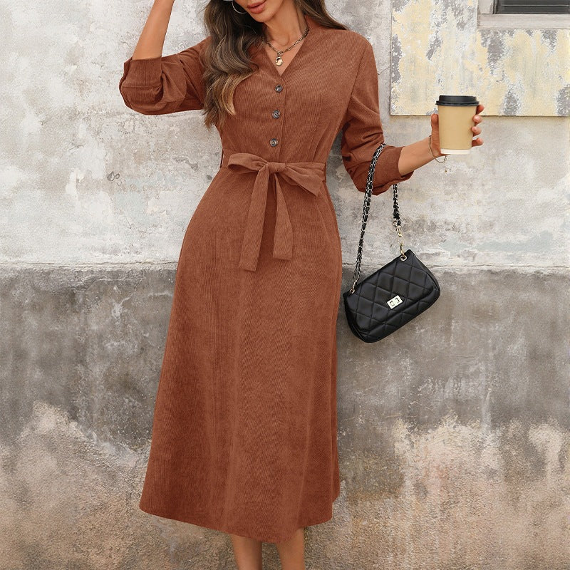 Damen Midi-Kleid mit Taillengürtel und Knopfleiste Drune