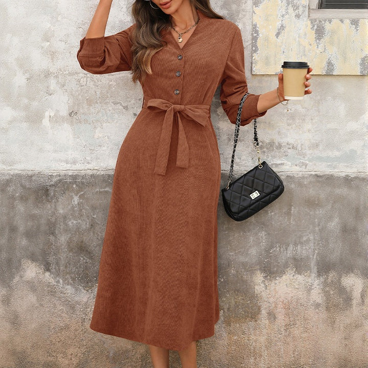Damen Midi-Kleid mit Taillengürtel und Knopfleiste Drune