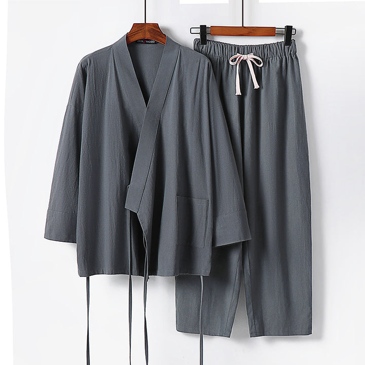 Unisex Leichtes Kimono-Lounge-Set aus weichfallendem Baumwoll-Mix mit Tunnelzughose Drune
