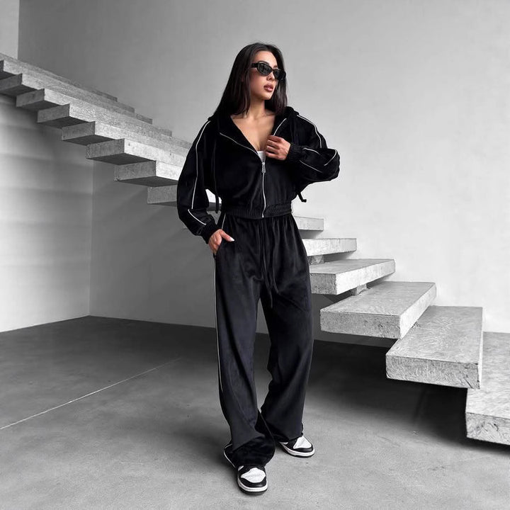 Damen Samt-Lounge-Set mit verkürzter Zip-Hoodie und weitem High-Waist Jogger Drune