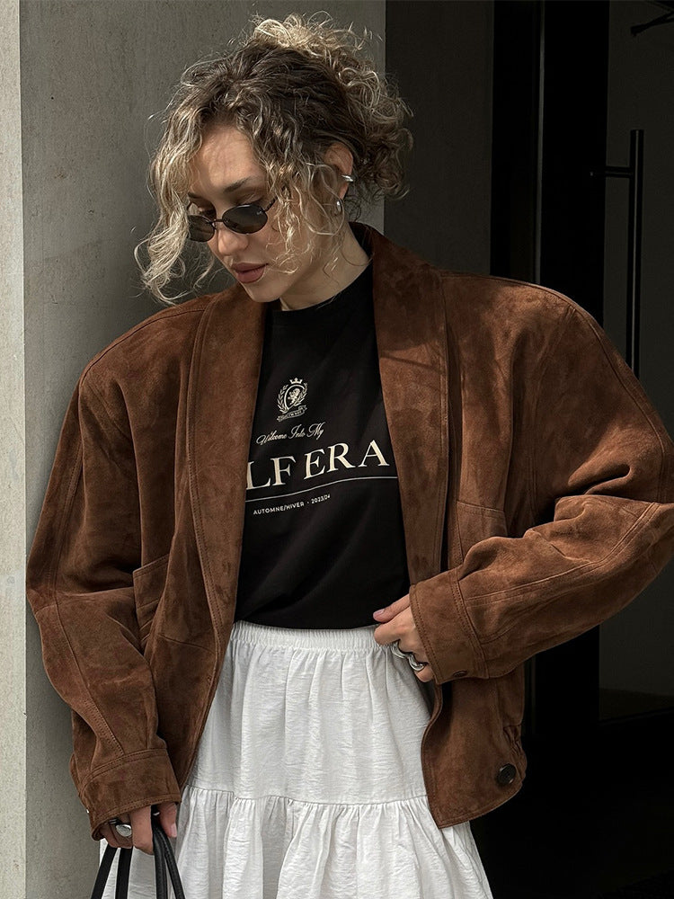 Damen Kurze Veloursleder‑Boxyjacke mit kimonoähnlichem Revers Drune