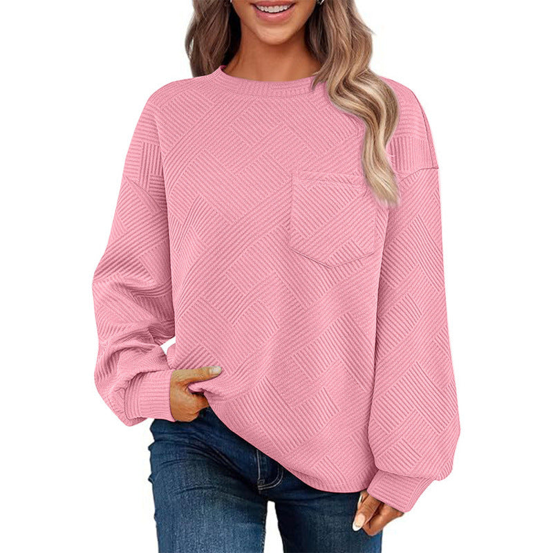 Damen lässiger Pullover mit strukturiertem Muster und praktischer Brusttasche Drune