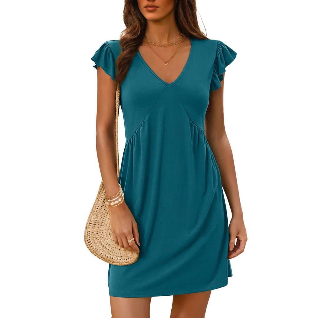 Damen Leichtes V‑Ausschnitt Sommerkleid mit Volantärmeln und Taillenabnähern Drune