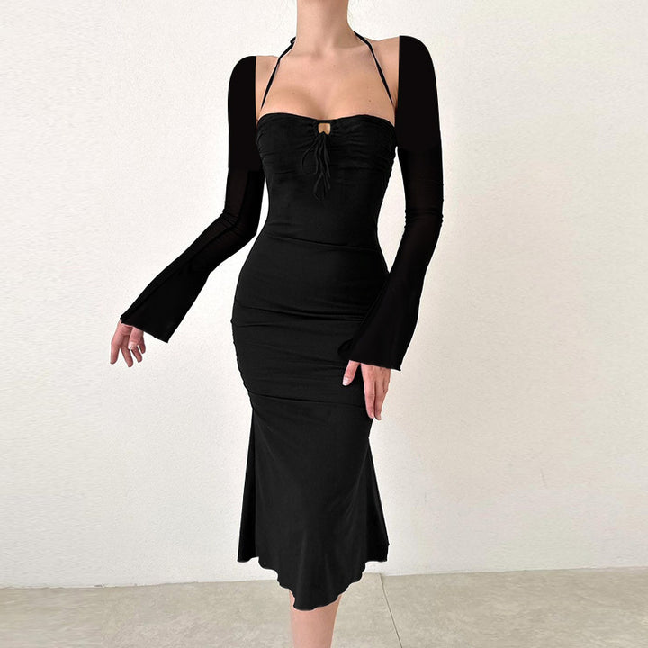 Damen Elegantes Figurbetontes Kleid mit schmalen Trägern und Flügelärmeln Drune