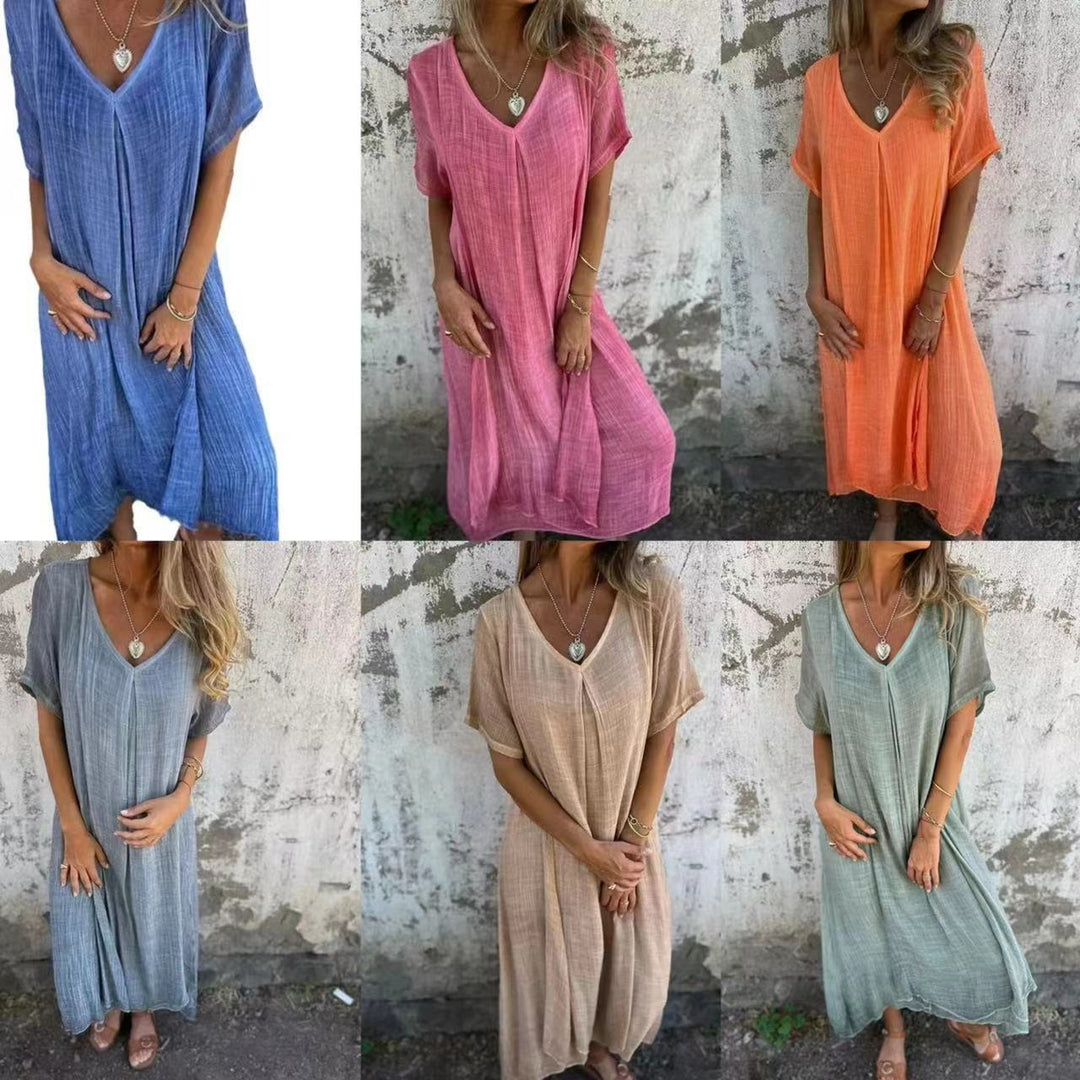 Damen Leichtes Sommerkleid mit V-Ausschnitt und weiten Ärmeln Drune