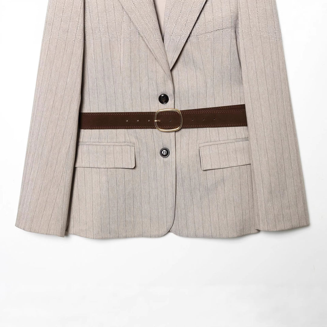 Damen nan taillierter Nadelstreifen-Blazer mit dekorativem Gürtel und Pattentaschen Drune
