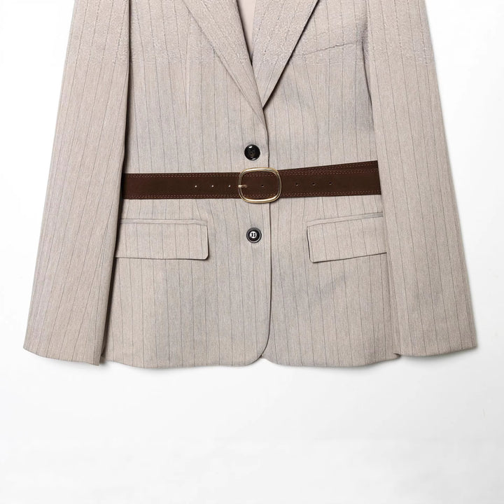 Damen nan taillierter Nadelstreifen-Blazer mit dekorativem Gürtel und Pattentaschen Drune