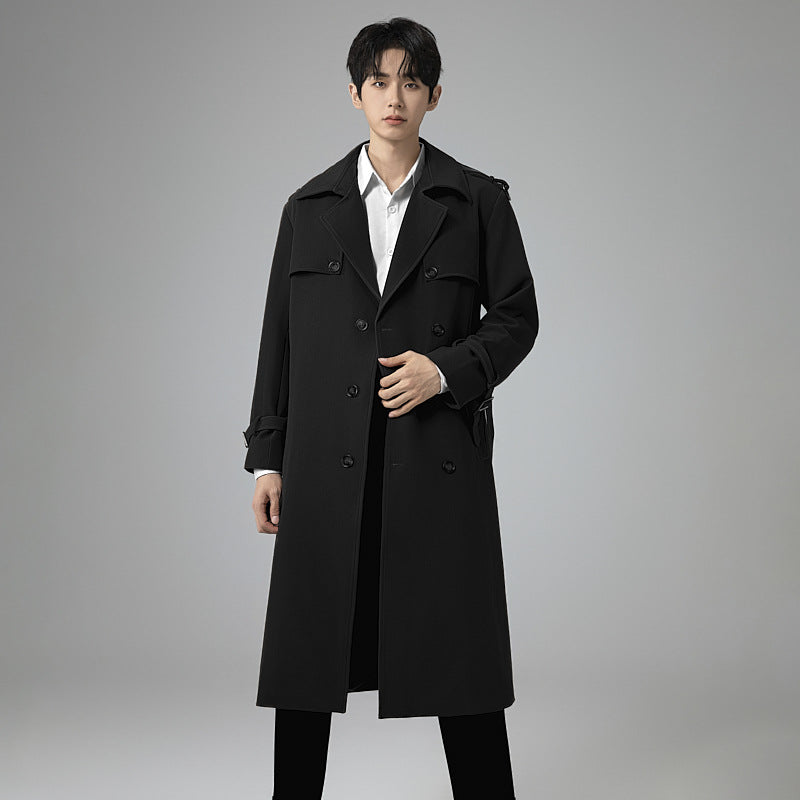 Herren Moderner Maxilanger Doppelreihiger Trenchcoat mit klassischem Revers und verstellbaren Manschetten Drune
