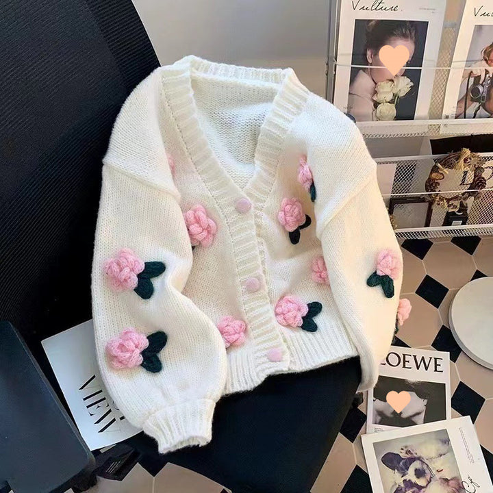 Damen Strickjacke mit Blumenapplikationen und elastischen Ärmeln Drune