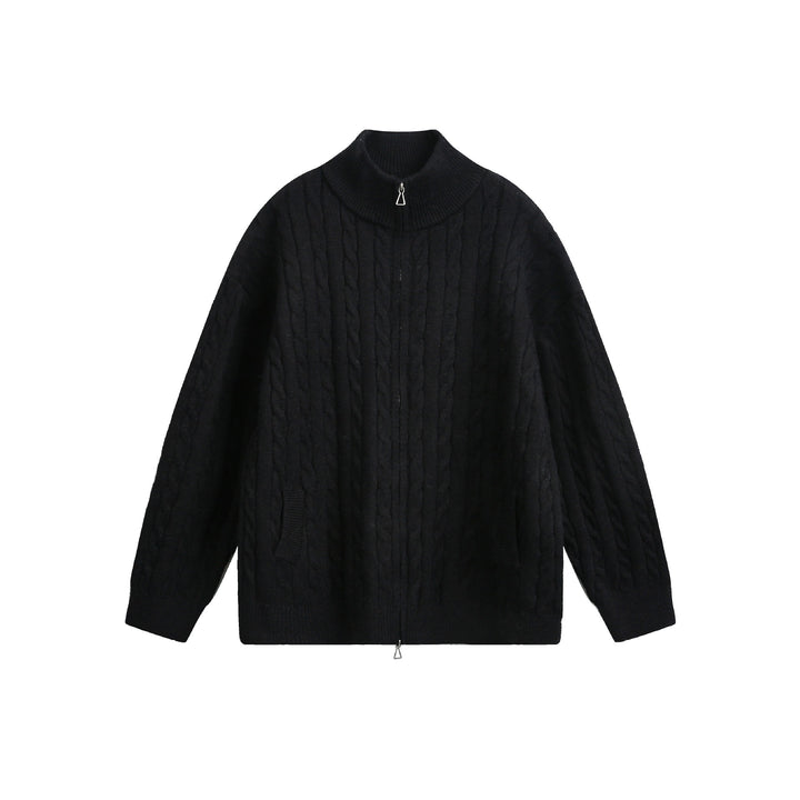 Unisex Grobstrick-Pullover mit Zopfmuster, hohem Stehkragen und Zwei-Wege-Reißverschluss Drune