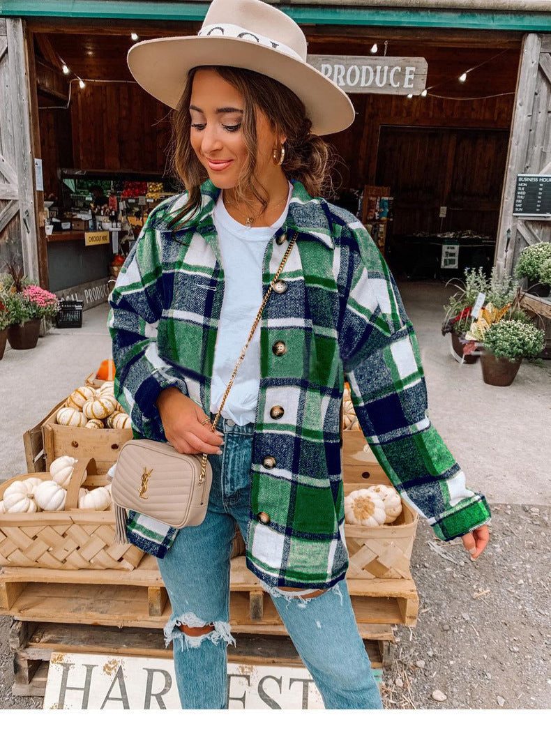 Damen Oversized Kariertes Flanell‑Shacket mit Brusttaschen und Holzknöpfen Drune