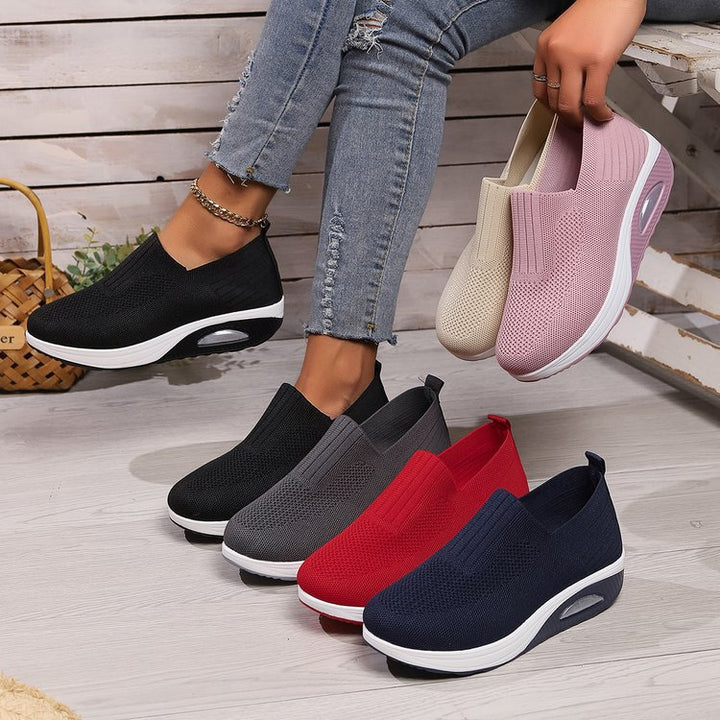 Damen nan elastische Strick-Slipper mit ergonomischer Keilsohle und sichtbarer Luftpolsterkapsel Drune