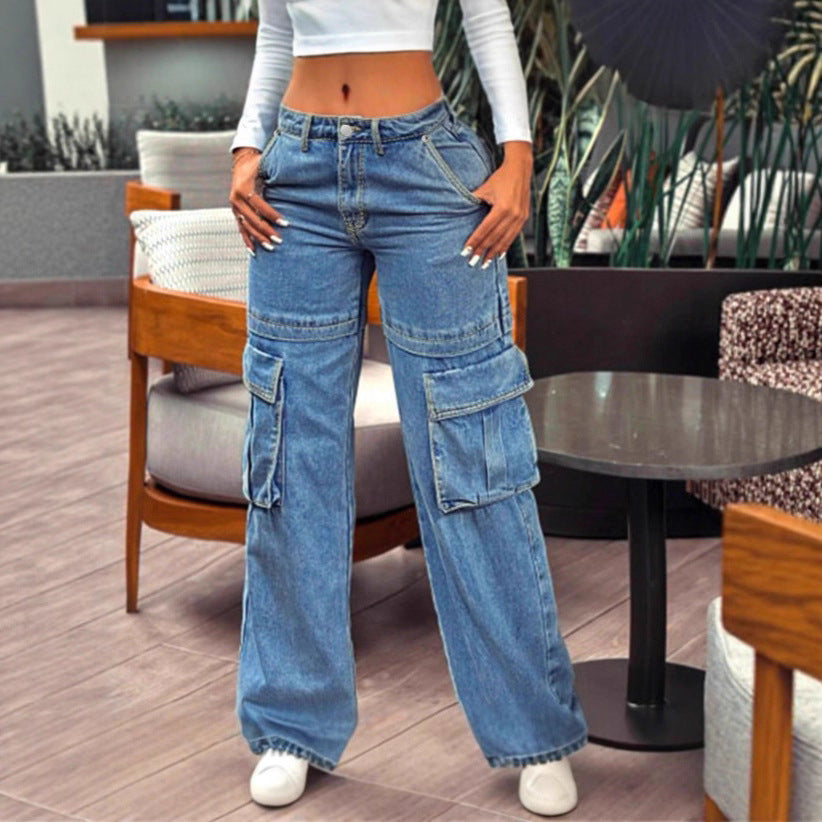Damen tiefsitzende Wide‑Leg Cargo-Jeans mit XXL-Klappentaschen Drune