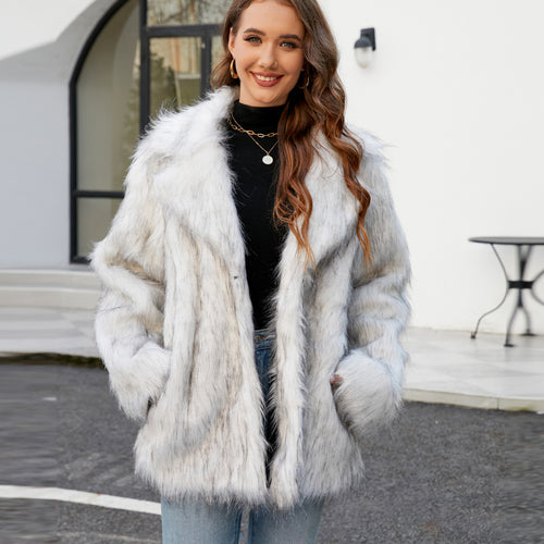 Damen Elegante Kunstpelzjacke mit breitem Revers und lockerer Passform Drune