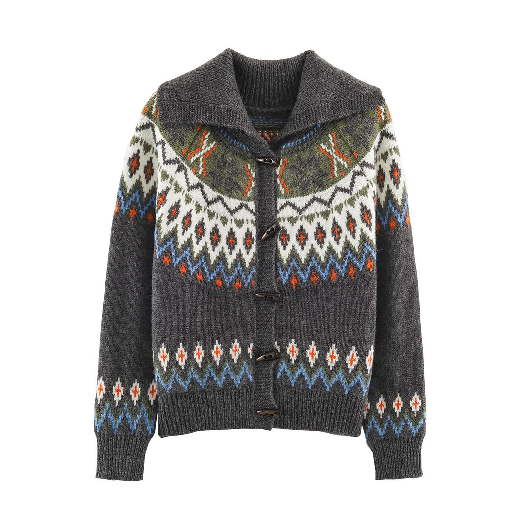 Damen Grobgestrickter Norweger-Cardigan mit Schalkragen und Hornknopfleiste Drune
