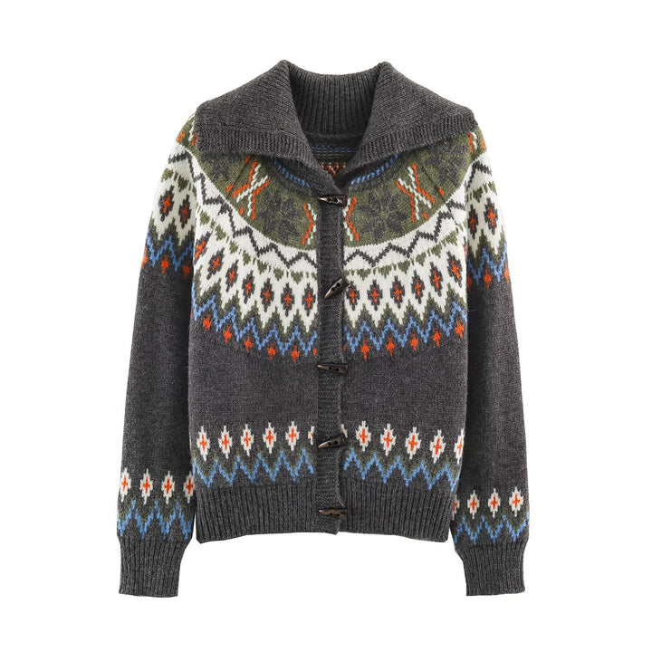 Damen Grobgestrickter Norweger-Cardigan mit Schalkragen und Hornknopfleiste Drune
