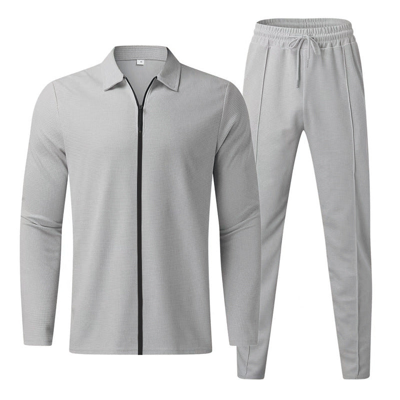 Herren Strukturiertes Waffel-Loungewear-Set mit Kragen-Halbzip & Kordelzughose Drune