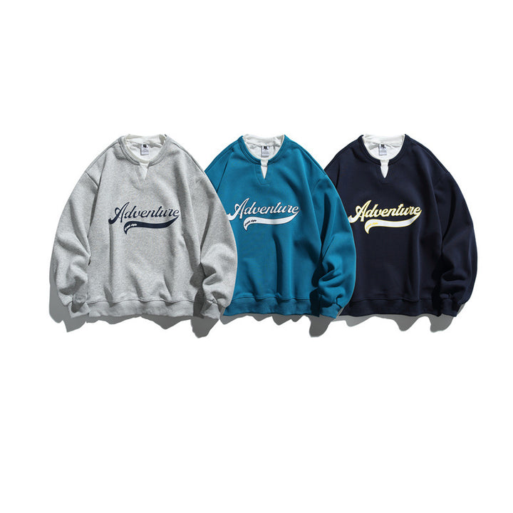 Unisex Oversize-Sweatshirt mit Notch-Kragen, Lagen-Effekt und Script-Print Drune