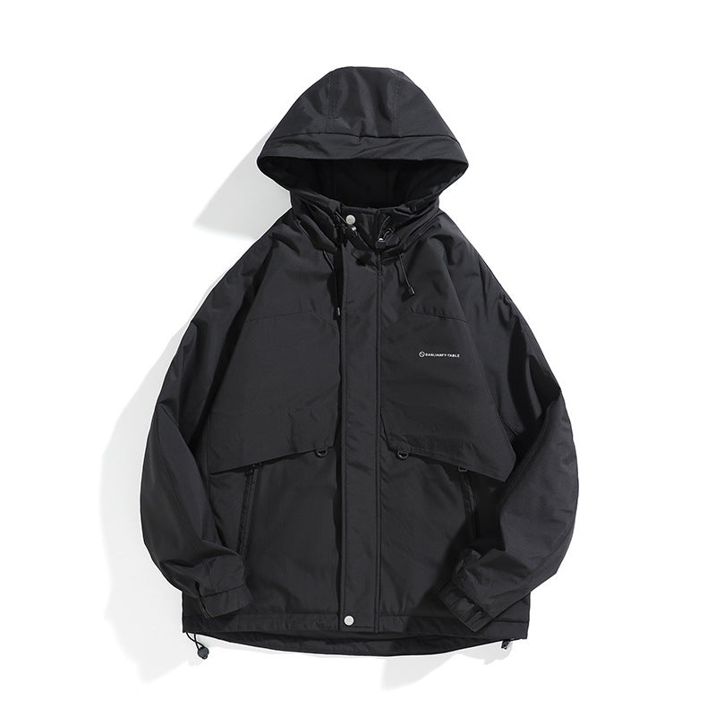 Unisex Weit geschnittener wetterfester Parka mit Kapuze, Kordelzug und aufgesetzten Pattentaschen Drune