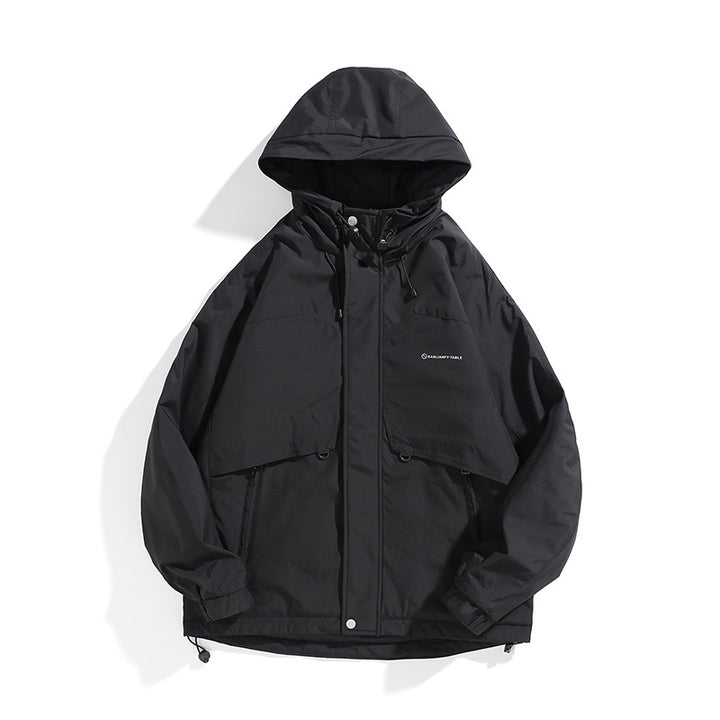 Unisex Weit geschnittener wetterfester Parka mit Kapuze, Kordelzug und aufgesetzten Pattentaschen Drune