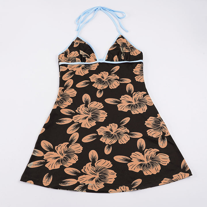 Damen Blütenmuster Strandkleid mit Spaghetti-Trägern und offener Rückenpartie Drune
