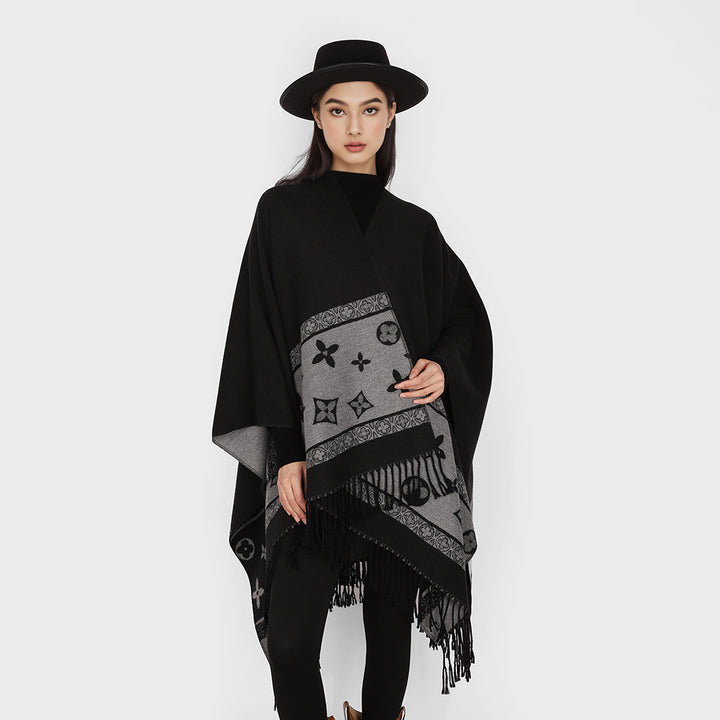 Damen Fransen-Capeponcho im Jacquard-Wollmix mit asymmetrischem Zipfelsaum Drune