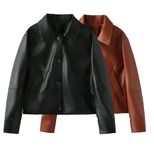 Damen nan taillierte Kunstlederjacke im Blousonstil mit Hemdkragen Drune