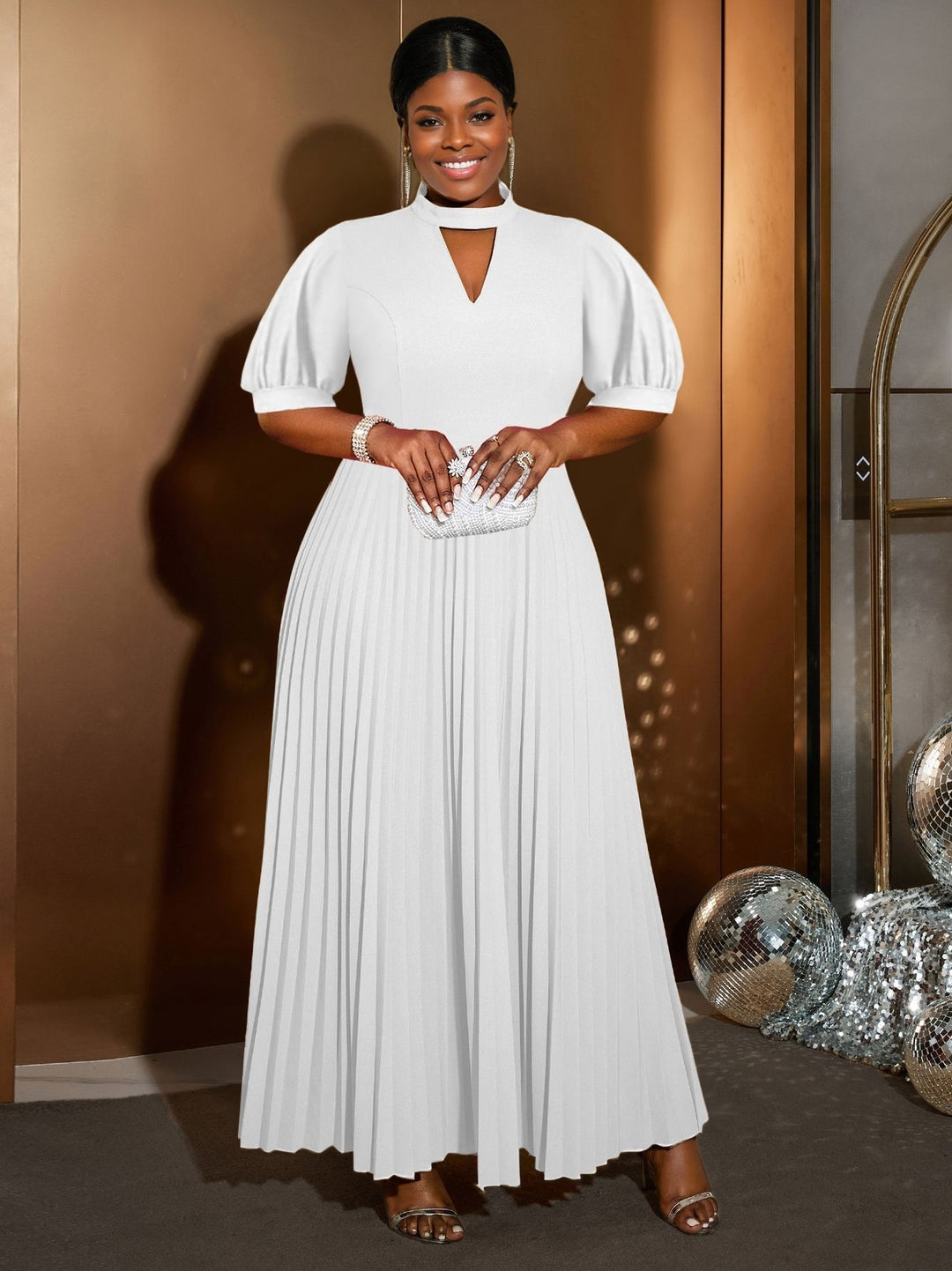 Damen elegantes Maxikleid mit plissiertem Rock und modischem Schlüssel-Ausschnitt Drune