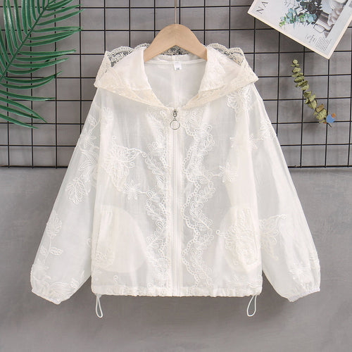 Damen nan transparente bestickte Kapuzenjacke mit Reißverschluss und Tunnelzug Drune