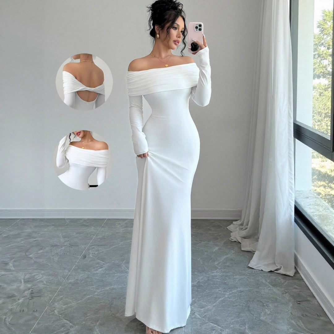 Damen elegantes Schulterfreies Langarm-Maxi-Kleid mit raffinierten Rückendetails Drune