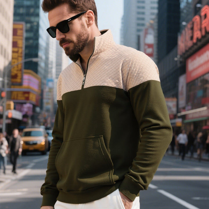 Herren nan gesteppter Halbzip Sweater mit Kängurutasche und Stehkragen Drune