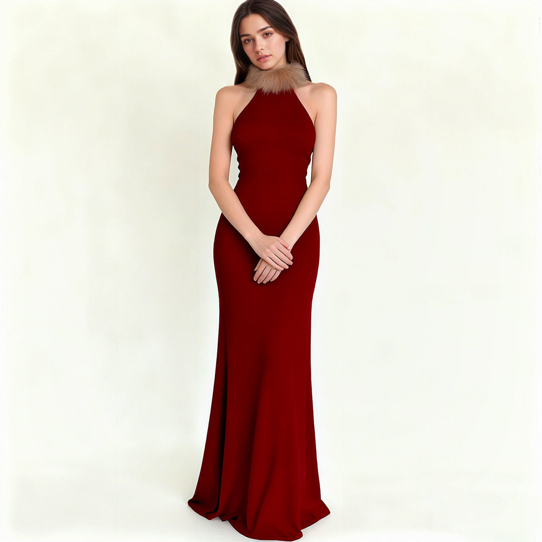 Damen Elegantes Maxikleid mit luxuriösem Kunstpelzkragen Drune