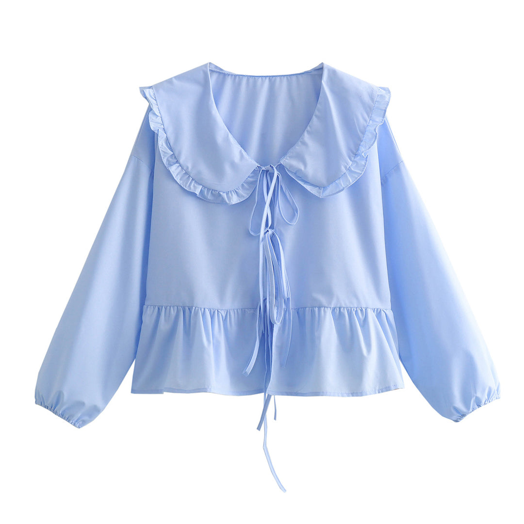 Damen Rüschenbluse mit großem Peter-Pan-Kragen, Bindebändern und Ballonärmeln Drune