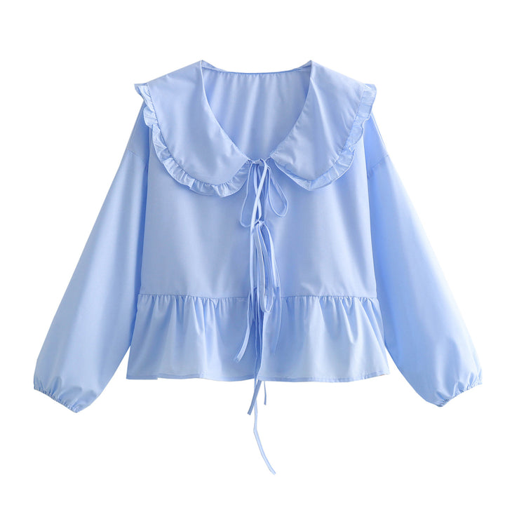 Damen Rüschenbluse mit großem Peter-Pan-Kragen, Bindebändern und Ballonärmeln Drune